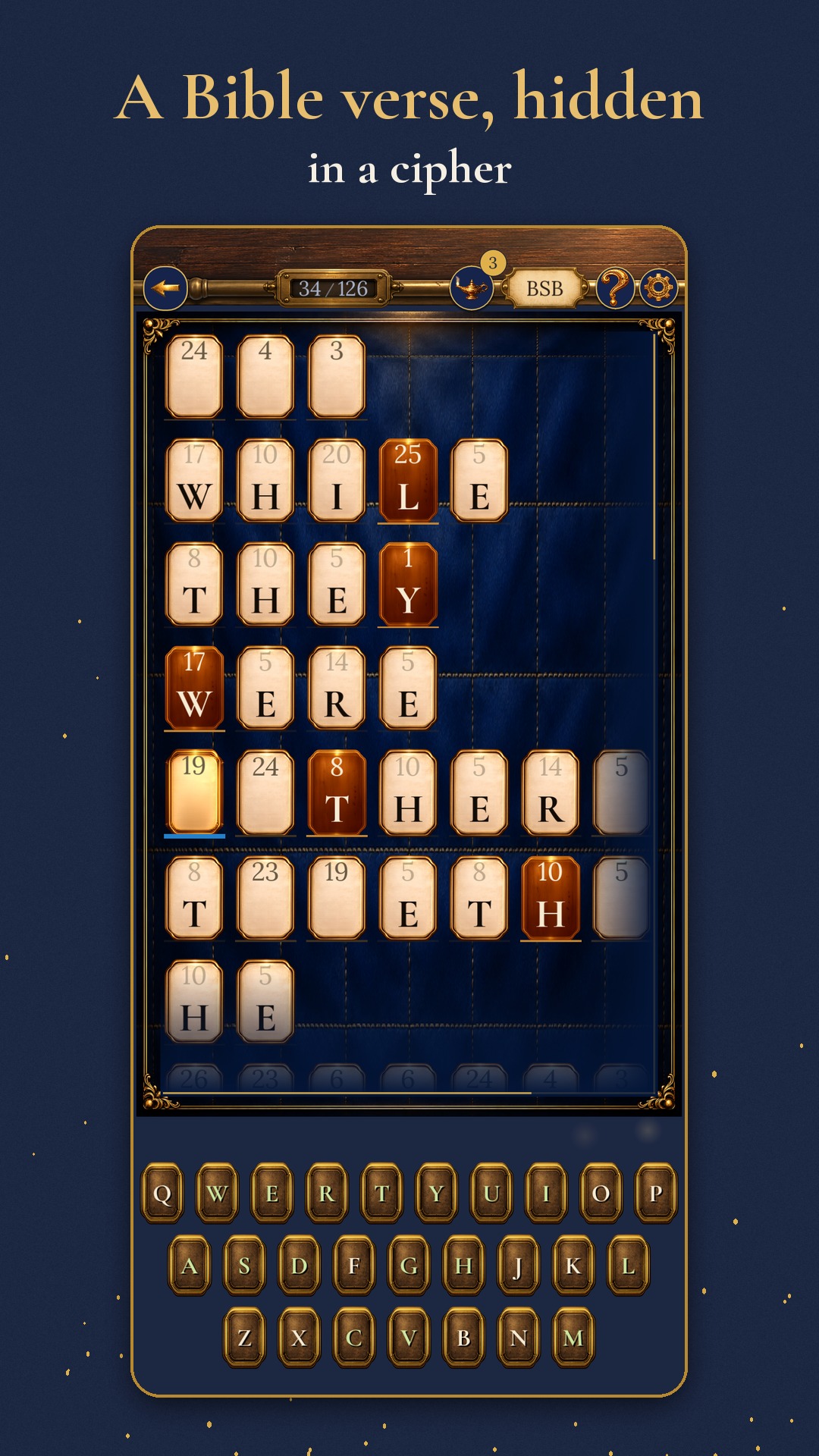 The Daily Puzzle mid-solve: a verse written as numbered cipher tiles, some letters filled in