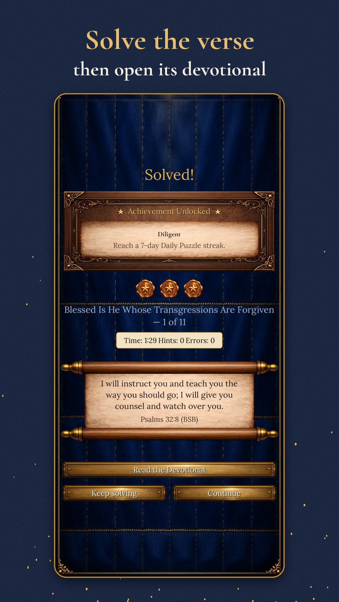 The solved screen for Psalm 32:8, with a button to read its devotional